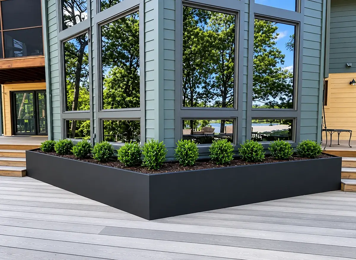 Modern planter beside floor-to-ceiling windows